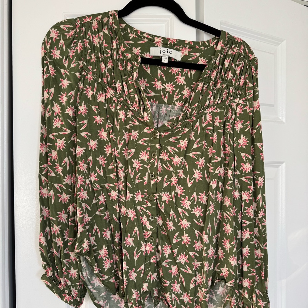 Joie Olive Green and Pink Floral Blouse